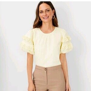 Ann Taylor Butter Yellow Eyelet Puff Sleeve Cottagecore Coquette Blouse‎ Size L